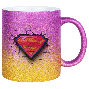 Superman cracked, Κούπα Χρυσή/Ροζ Glitter, κεραμική, 330ml