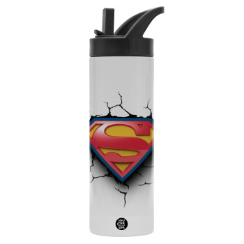 Superman cracked, Metallic thermos bottle with straw & handle, stainless steel (Stainless steel 304), double-walled, 600ml.