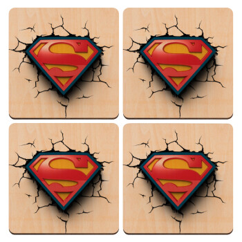 Superman cracked, ΣΕΤ x4 Σουβέρ ξύλινα τετράγωνα plywood (9cm)
