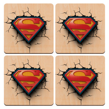 Superman cracked, ΣΕΤ x4 Σουβέρ ξύλινα τετράγωνα plywood (9cm)