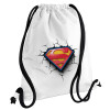 Superman cracked, Τσάντα πλάτης πουγκί GYMBAG λευκή, με τσέπη (40x48cm) & χονδρά κορδόνια