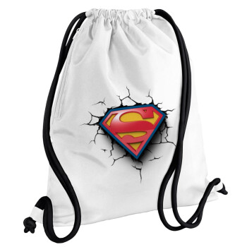 Superman cracked, Backpack pouch GYMBAG white, with pocket (40x48cm) & thick cords
