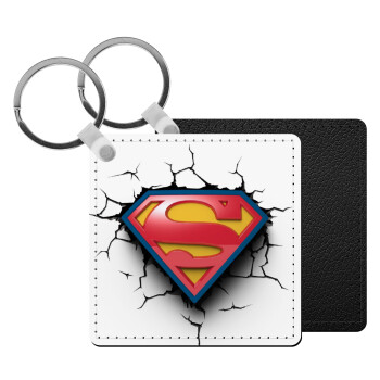 Superman cracked, Μπρελόκ Δερματίνη, τετράγωνο ΜΑΥΡΟ (5x5cm)