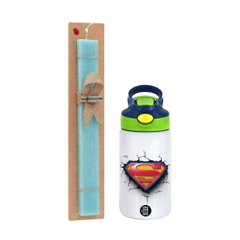 Superman cracked, Πασχαλινό Σετ, Παιδικό παγούρι θερμό, ανοξείδωτο, με καλαμάκι ασφαλείας, πράσινο/μπλε (350ml) & πασχαλινή λαμπάδα αρωματική πλακέ (30cm) (ΤΙΡΚΟΥΑΖ)