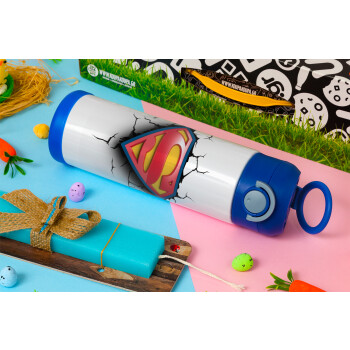 Superman cracked, Easter candle, Childrens hot water bottle, stainless steel, with safety straw, BLUE (500ml)