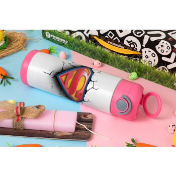 Superman cracked, Πασχαλινή Λαμπάδα με Παιδικό παγούρι θερμό, ανοξείδωτο, με καλαμάκι ασφαλείας, ΡΟΖ (500ml)