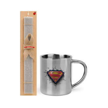 Superman cracked, Πασχαλινό Σετ, μεταλλική κούπα θερμό (300ml) & πασχαλινή λαμπάδα αρωματική πλακέ (30cm) (ΓΚΡΙ)