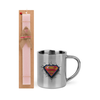 Superman cracked, Πασχαλινό Σετ, μεταλλική κούπα θερμό (300ml) & πασχαλινή λαμπάδα αρωματική πλακέ (30cm) (ΡΟΖ)