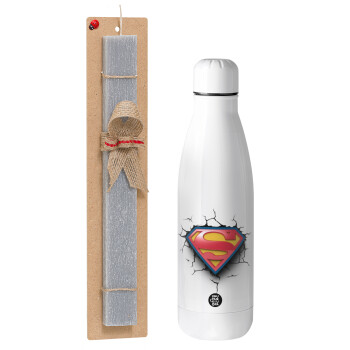 Superman cracked, Πασχαλινό Σετ, μεταλλικό παγούρι Inox (700ml) & πασχαλινή λαμπάδα αρωματική πλακέ (30cm) (ΓΚΡΙ)