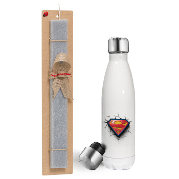 Superman cracked, Πασχαλινή λαμπάδα, μεταλλικό παγούρι θερμός λευκός (500ml) & λαμπάδα αρωματική πλακέ (30cm) (ΓΚΡΙ)