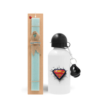 Superman cracked, Easter Set, metallic aluminum water bottle (500ml) & scented flat candle (30cm) (TURQUOISE)