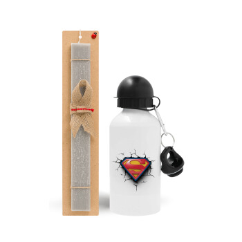 Superman cracked, Easter Set, metallic aluminum water bottle (500ml) & aromatic flat Easter candle (30cm) (GRAY)