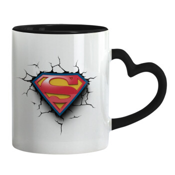 Superman cracked, Κούπα καρδιά χερούλι μαύρη, κεραμική, 330ml