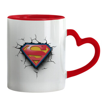 Superman cracked, Κούπα καρδιά χερούλι κόκκινη, κεραμική, 330ml