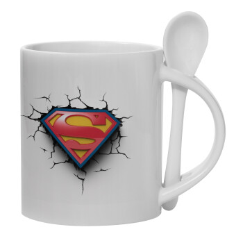 Superman cracked, Ceramic coffee mug with Spoon, 330ml (1pcs)