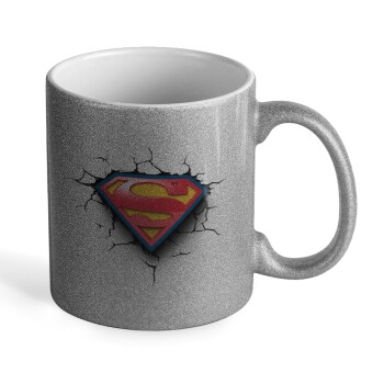 Superman cracked, Κούπα Ασημένια Glitter που γυαλίζει, κεραμική, 330ml