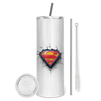 Superman cracked, Eco friendly ποτήρι θερμό (tumbler) από ανοξείδωτο ατσάλι 600ml, με μεταλλικό καλαμάκι & βούρτσα καθαρισμού