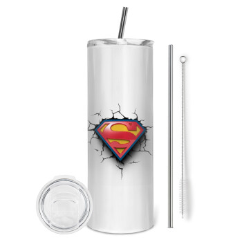 Superman cracked, Tumbler ποτήρι θερμό από ανοξείδωτο ατσάλι 600ml, με μεταλλικό καλαμάκι & βούρτσα καθαρισμού