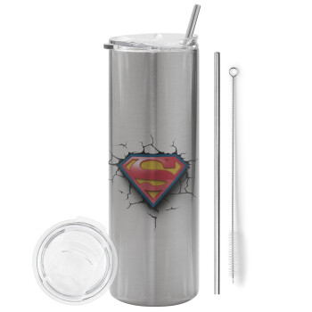 Superman cracked, Eco friendly ποτήρι θερμό Ασημένιο (tumbler) από ανοξείδωτο ατσάλι 600ml, με μεταλλικό καλαμάκι & βούρτσα καθαρισμού
