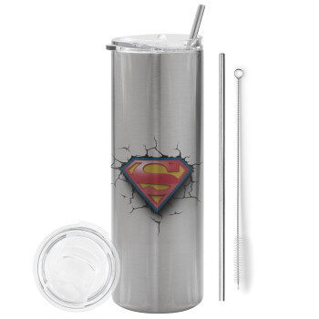 Superman cracked, Tumbler ποτήρι θερμό Ασημένιο από ανοξείδωτο ατσάλι 600ml, με μεταλλικό καλαμάκι & βούρτσα καθαρισμού