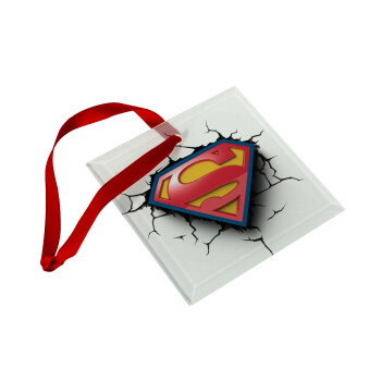 Superman cracked, Χριστουγεννιάτικο στολίδι γυάλινο τετράγωνο 9x9cm