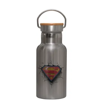Superman cracked, Μεταλλικό παγούρι θερμός (Stainless steel) Ασημένιο με ξύλινο καπακι (bamboo), διπλού τοιχώματος, 350ml
