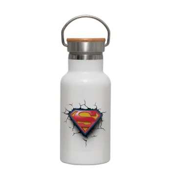 Superman cracked, Metallic thermos (Stainless steel) White with wooden lid (bamboo), double-walled, 350ml