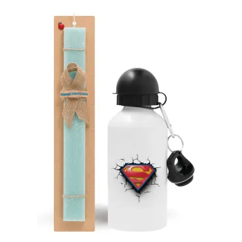 Superman cracked, Easter Set, metallic aluminum water bottle (500ml) & scented flat candle (30cm) (TURQUOISE)
