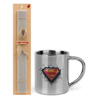 Superman cracked, Easter Set, metallic thermal cup (300ml) & Easter aromatic flat candle (30cm) (GRAY)