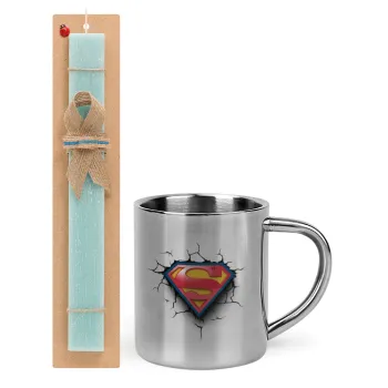 Superman cracked, Easter Set, metallic thermal cup (300ml) & aromatic flat Easter candle (30cm) (TURQUOISE)