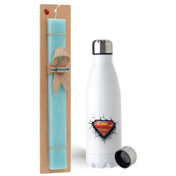 Superman cracked, Easter Set, metallic stainless steel water bottle (750ml) & aromatic flat Easter candle (30cm) (TURQUOISE)