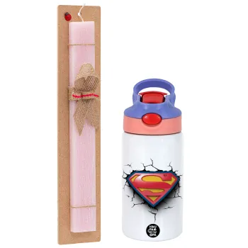 Superman cracked, Easter Set, Children's thermal stainless steel water bottle with safety straw, pink/purple (350ml) & Easter scented flat candle (30cm) (PINK)