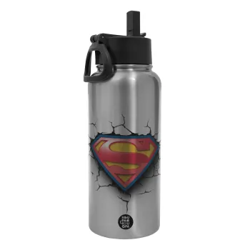 Superman cracked, Μεταλλικό παγούρι θερμός Silver με καλαμάκι και χερούλι (Stainless steel), διπλού τοιχώματος, 950ml
