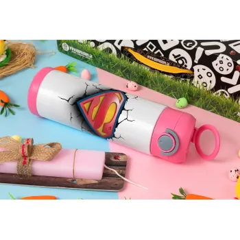 Superman cracked, Easter candle, Childrens hot water bottle, stainless steel, with safety straw, PINK (500ml)