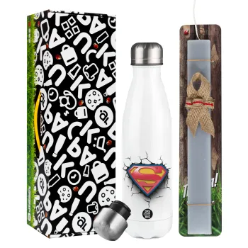 Superman cracked, Easter candle, metallic white thermos bottle (500ml) & aromatic flat candle (30cm) (GRAY)