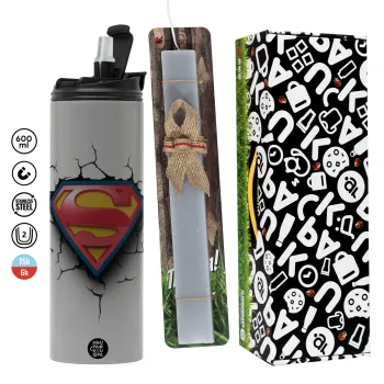 Superman cracked, Πασχαλινή Λαμπάδα με Travel Tumbler θερμό (600ml, BPA free) & κερί αρωματικό πλακέ (30cm) (ΓΚΡΙ)