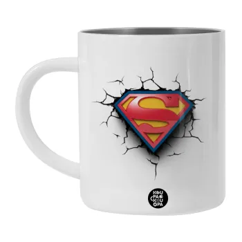 Superman cracked, Λευκή Ανοξείδωτη Μεταλλική Κούπα 450ml - Διπλού Τοιχώματος 