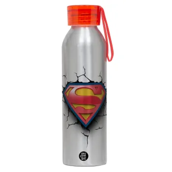 Superman cracked, Αλουμινένιο Αθλητικό Μπουκάλι 650ml – Ασημί με Κόκκινο Καπάκι και Λουράκι Σιλικόνης