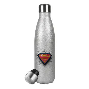 Superman cracked, Metallic Glitter Silver Thermos Flask (Stainless steel), double-walled, 500ml