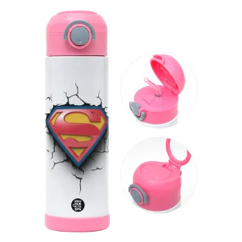 Superman cracked, Children's hot water bottle, stainless steel, with safety straw, PINK (500ml)