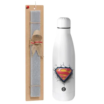 Superman cracked, Easter Set, metallic stainless thermos bottle (500ml) & scented flat Easter candle (30cm) (GRAY)