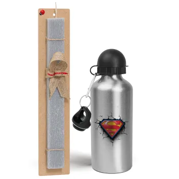 Superman cracked, Easter Set, metallic silver aluminum water bottle (500ml) & aromatic flat Easter candle (30cm) (GRAY)