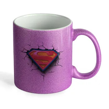 Superman cracked, Κούπα Μωβ Glitter που γυαλίζει, κεραμική, 330ml