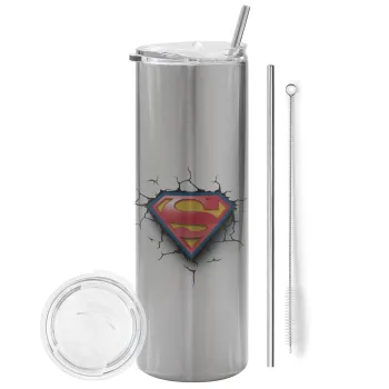 Superman cracked, Tumbler stainless steel Silver 600ml, with metal straw & cleaning brush
