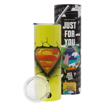 Superman cracked, Neon Yellow Travel Tumbler θερμό, μεταλλικό καλαμάκι(Ανωξείδωτο 304 Food grade, BPA free, 600ml)