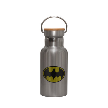 Batman, Μεταλλικό παγούρι θερμός (Stainless steel) Ασημένιο με ξύλινο καπακι (bamboo), διπλού τοιχώματος, 350ml
