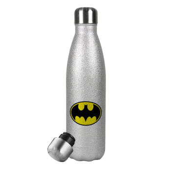 Batman, Μεταλλικό παγούρι θερμός Glitter Aσημένιο (Stainless steel), διπλού τοιχώματος, 500ml