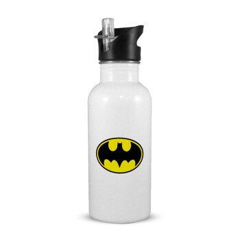 Batman, White water bottle with straw, stainless steel 600ml