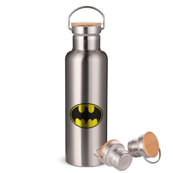 Batman, Μεταλλικό παγούρι θερμός (Stainless steel) Ασημένιο με ξύλινο καπακι (bamboo), διπλού τοιχώματος, 750ml