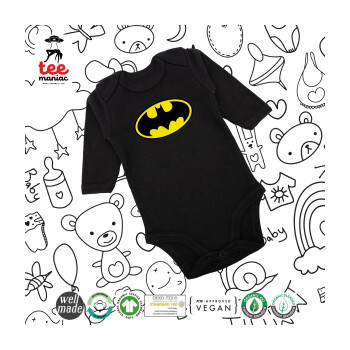 Batman, Μακρυμάνικο βρεφικό φορμάκι, 0-18 μηνών, ΜΑΥΡΟ, 100% Organic Cotton